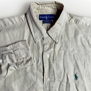 Vintage Polo Ralph Lauren Shirt Mens Medium Tan Blake Silk Linen Button Down